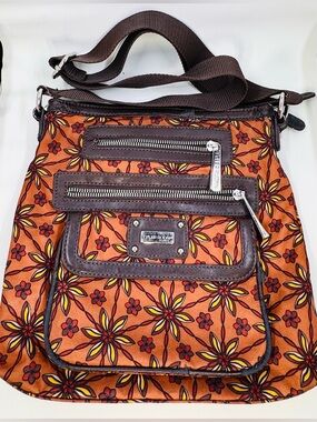 Tyler Rodan Orange Nylon Floral Crossbody with Brown Trim